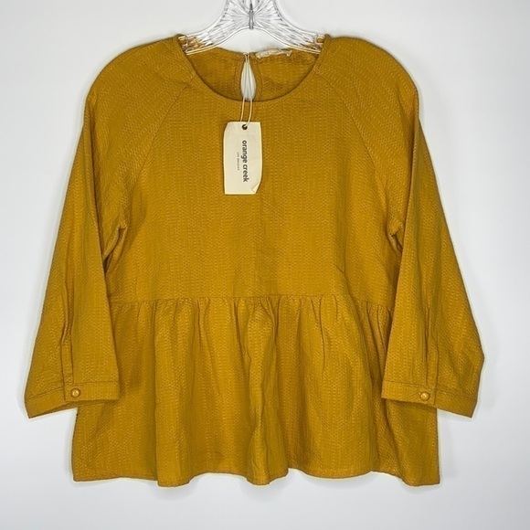Orange Creek Mustard Yellow Peplum Bottom Cotton Blouse NWT Size Small - Picture 1 of 6